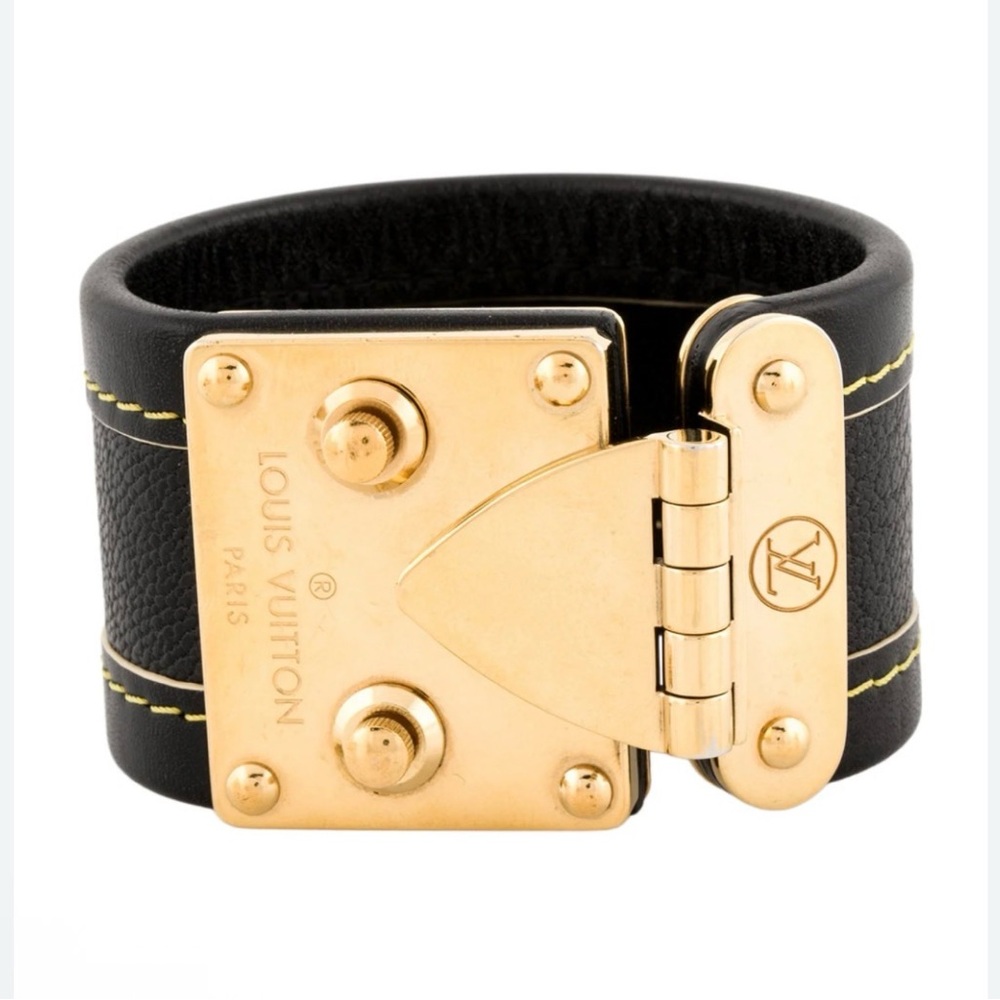 50% off !! Louis Vuitton Suhali Black Leather Cuff Bracelet Gold-tone Lock Plate